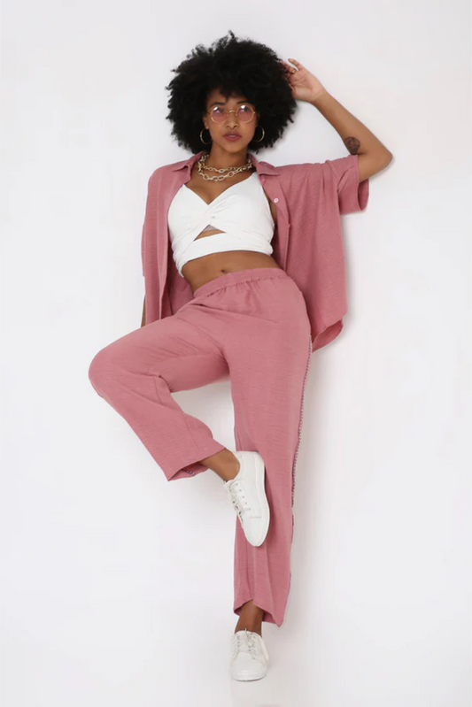 Vintage Pink Loose Shirt and Pant Cord Set