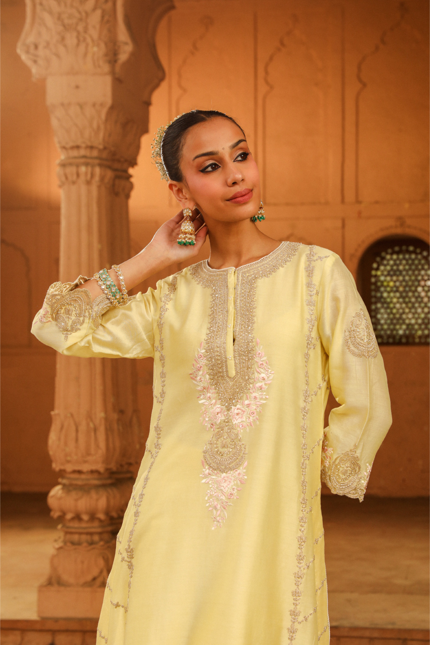 Yusra A-line palazzo suit with dupatta - Lemon Yellow