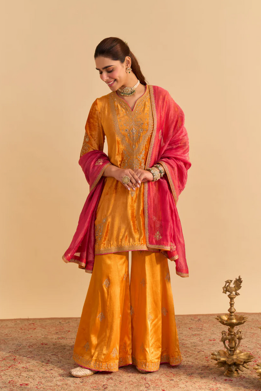 Nooren - Silk Velvet Orange Kurta With Flared Palazzo And Dupatta