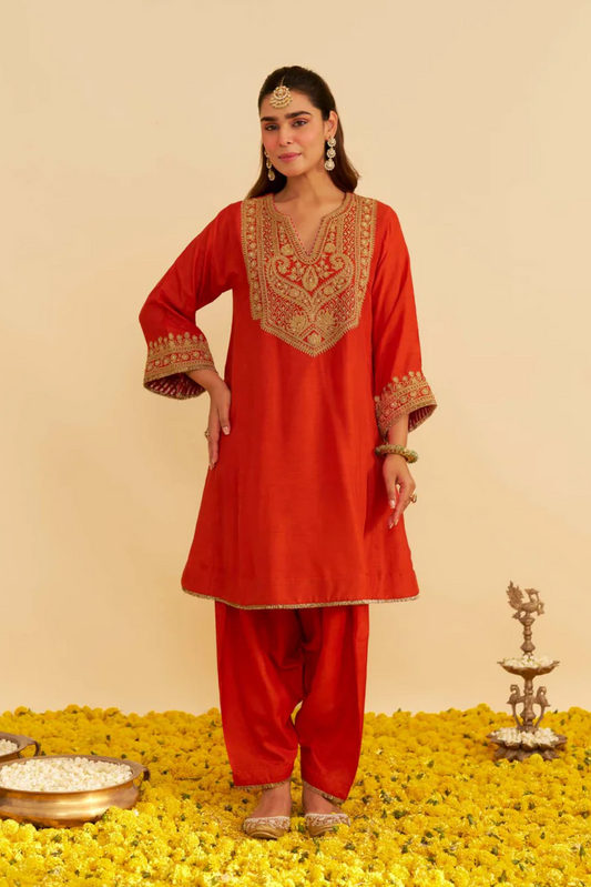 Mehza - Burnt Orange Short Chauga With Salwar