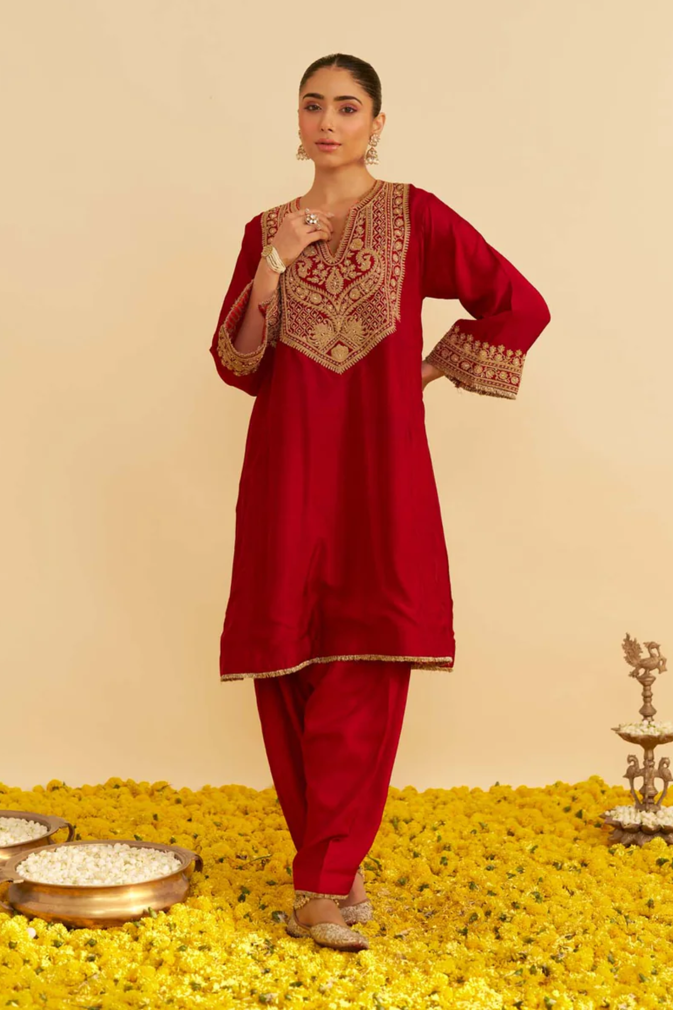 Mehza - Deep Red Short Chauga With Salwar