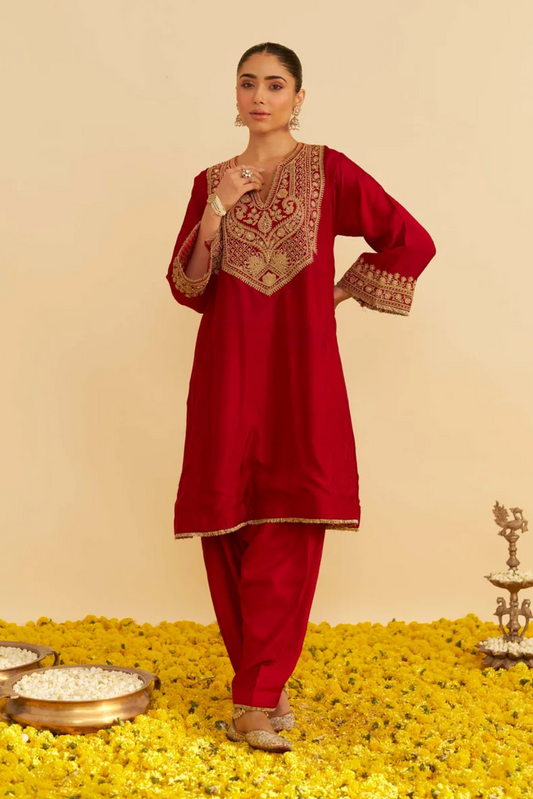 Mehza - Deep Red Short Chauga With Salwar
