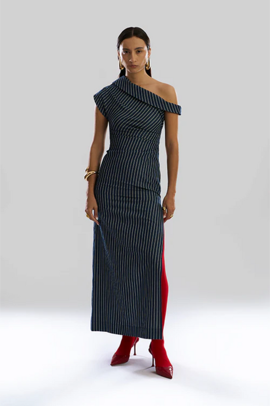 Linear Shift one shoulder Denim Dress