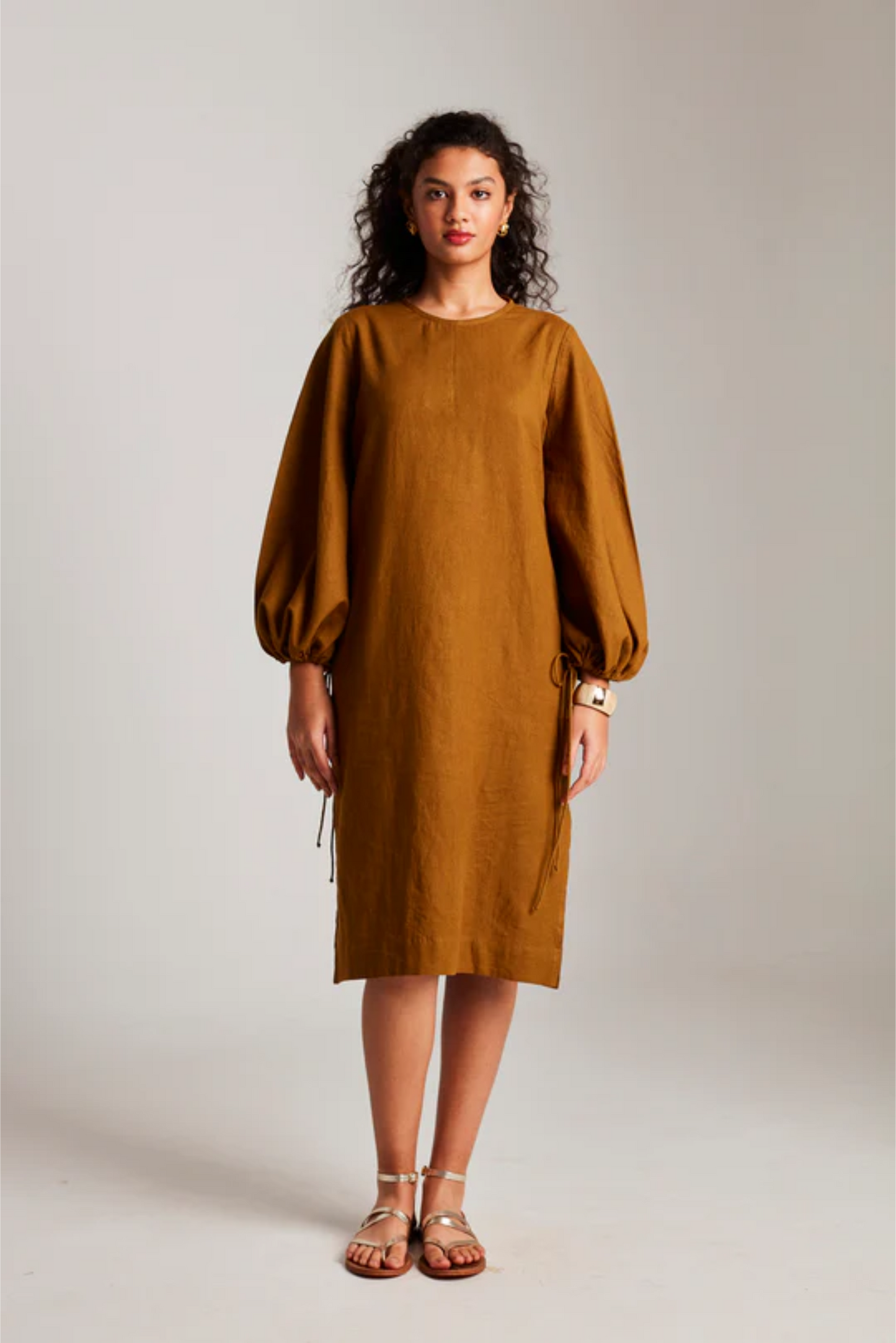 Olive Co-Linen Balloon Sleeves Dress