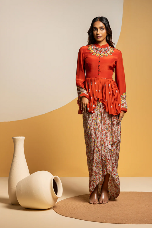 Taarani embellished drape skirt set