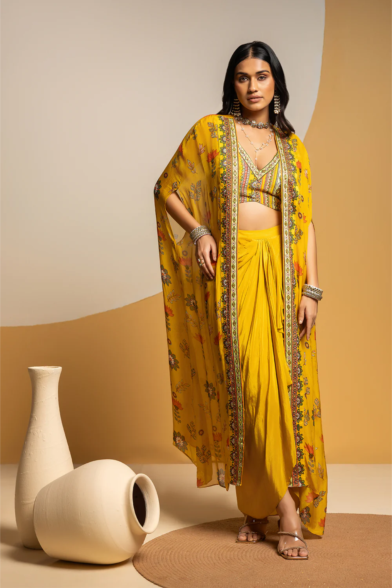 Taarani embellished drape skirt set with long cape