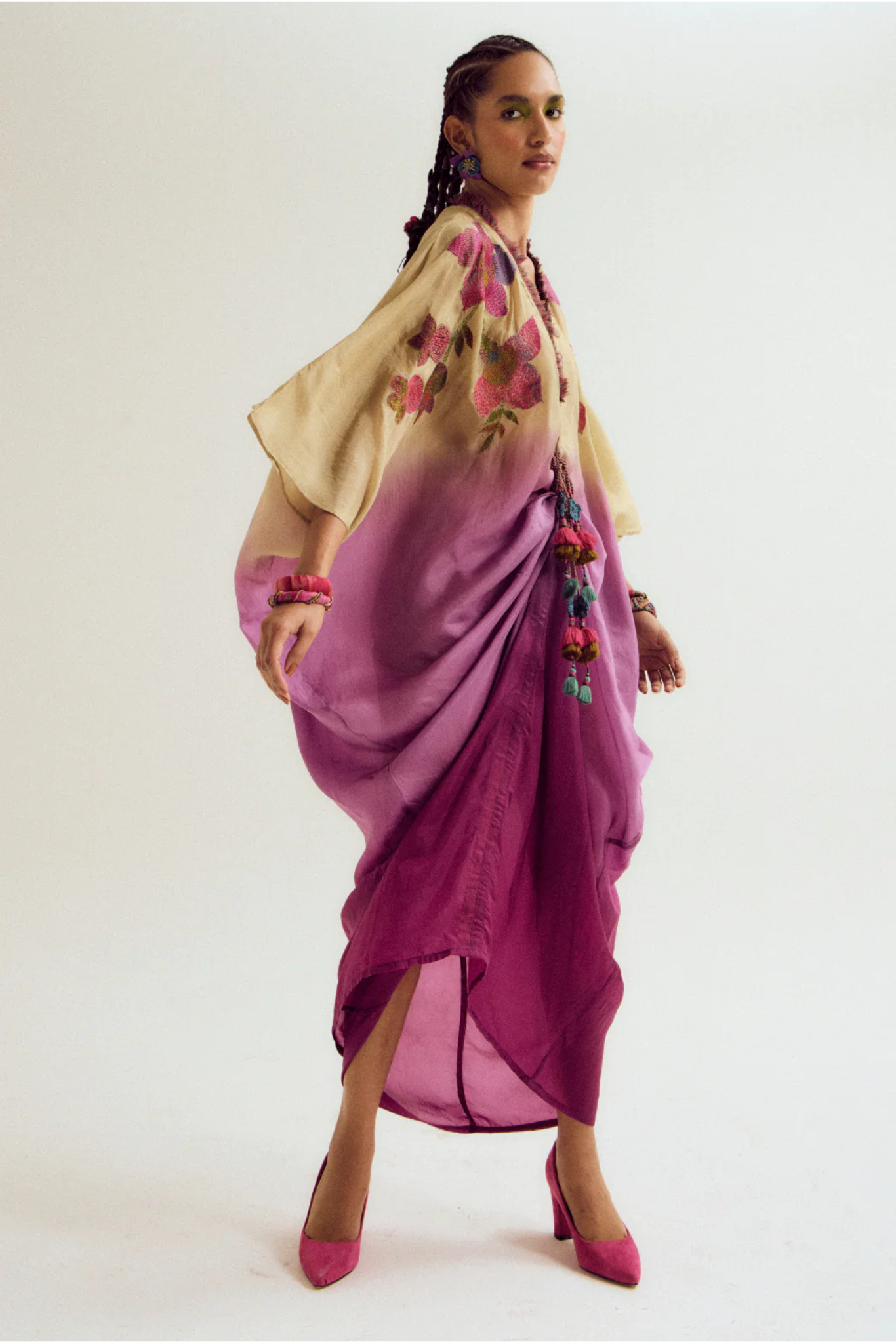 Cherry Blossom Kaftan - Ecru/Lavender