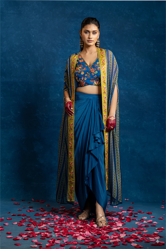 Aarani embellished drape skirt set with long cape