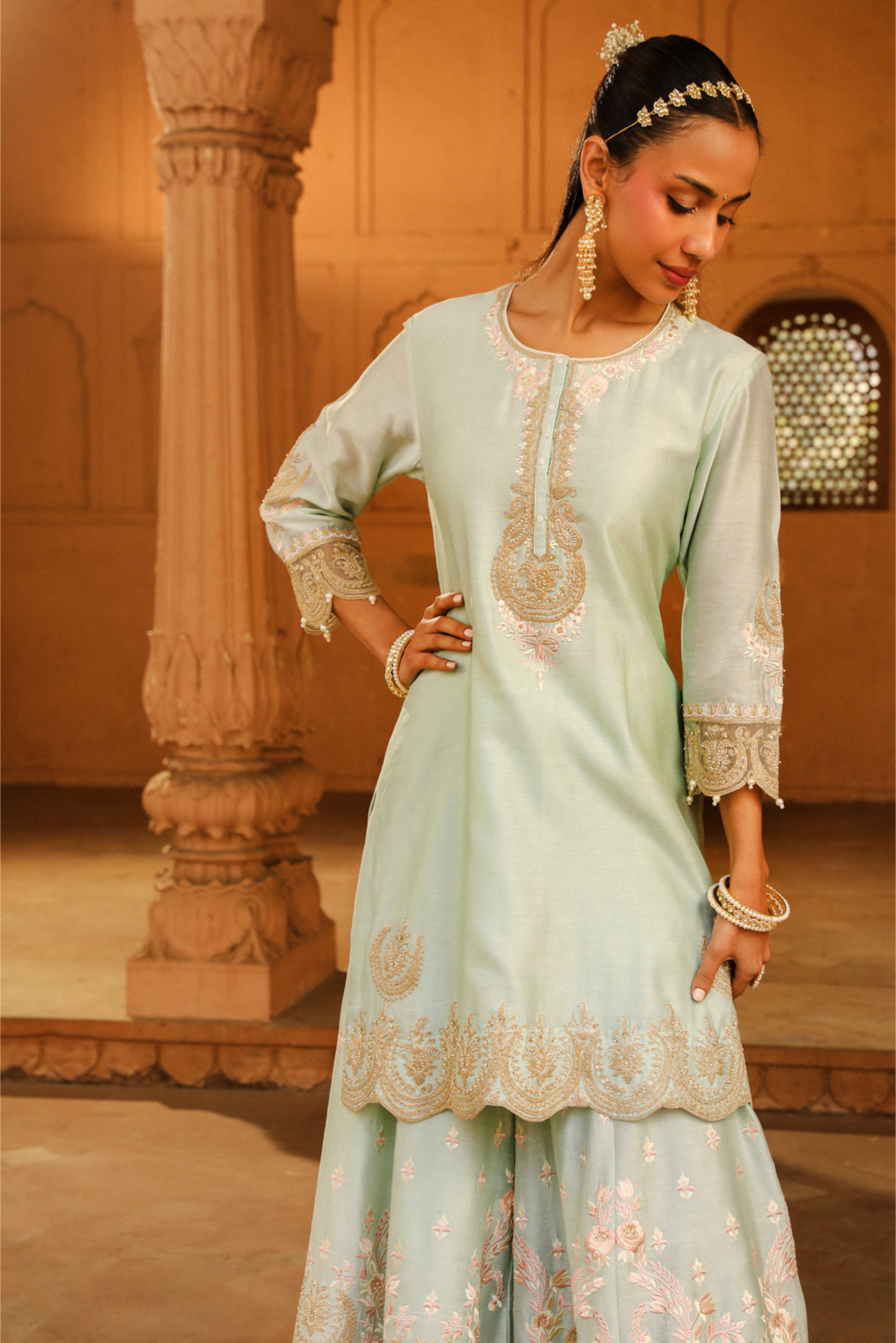 Ayda Short kurta with sharara and dupatta - Misty Green