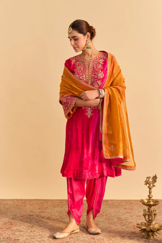Eira - Silk Velvet Hotpink A-line Kurta With Dhoti with Dupatta