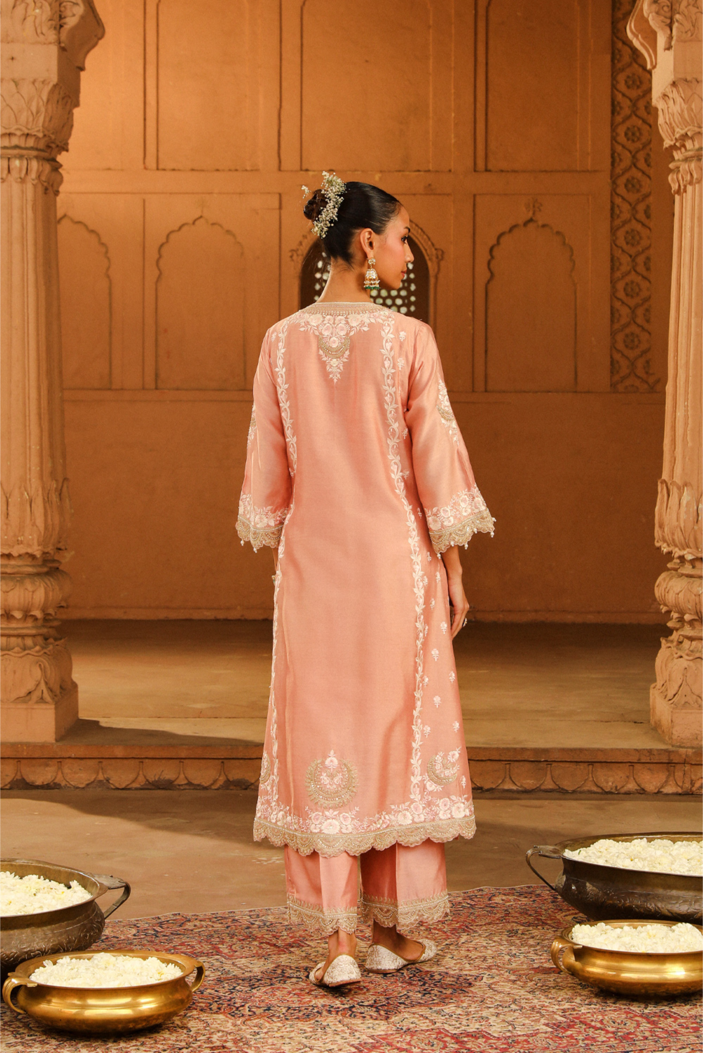 Yasna A-line palazzo suit with dupatta - Off Rose