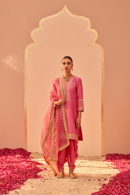 Faheeda Short Kurta with Dhoti Set - Flamingo Pink