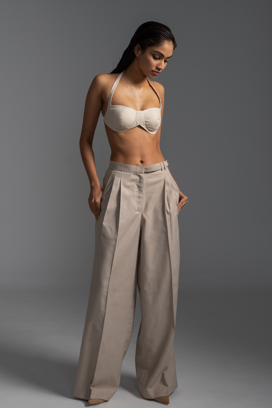 Belted Flare Trousers - Beige