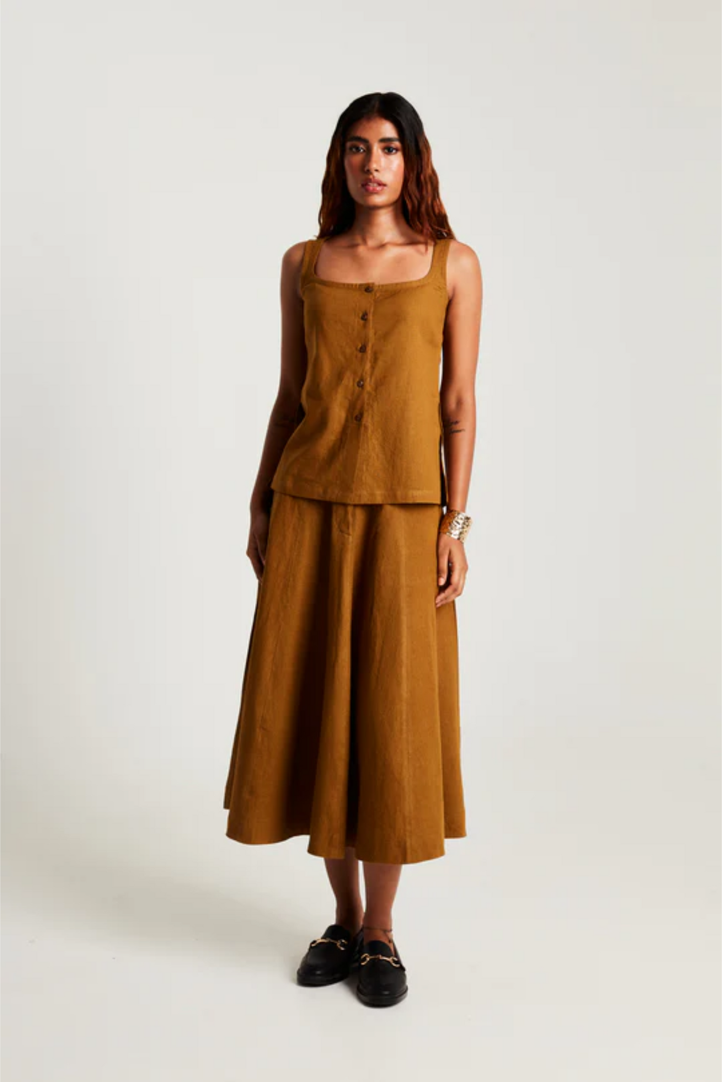 Olive Co-Linen Side Slit Top & Skirt Set