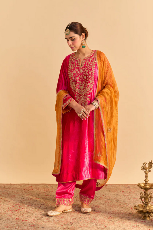 Fareeha - Silk Velvet Hotpink Kurta With Salwar and Dupatta