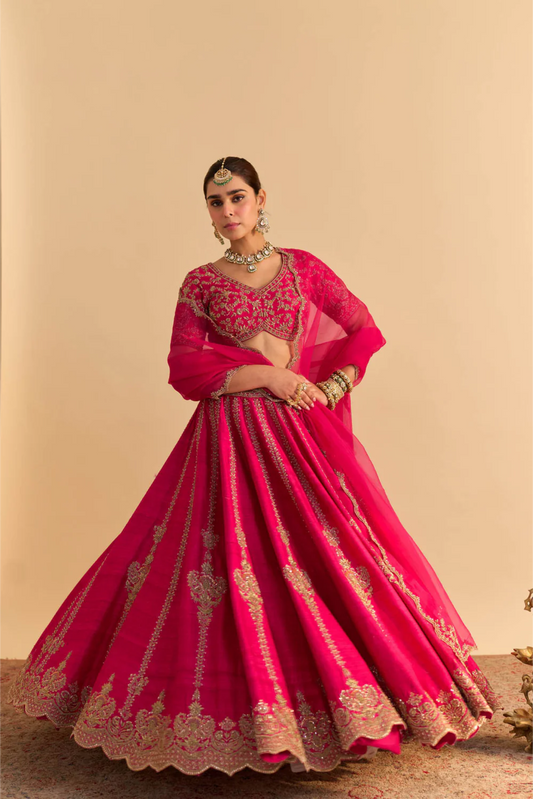 Naazila - Dabka Zardozi Embroidered Raw Silk Hotpink Lehenga Set