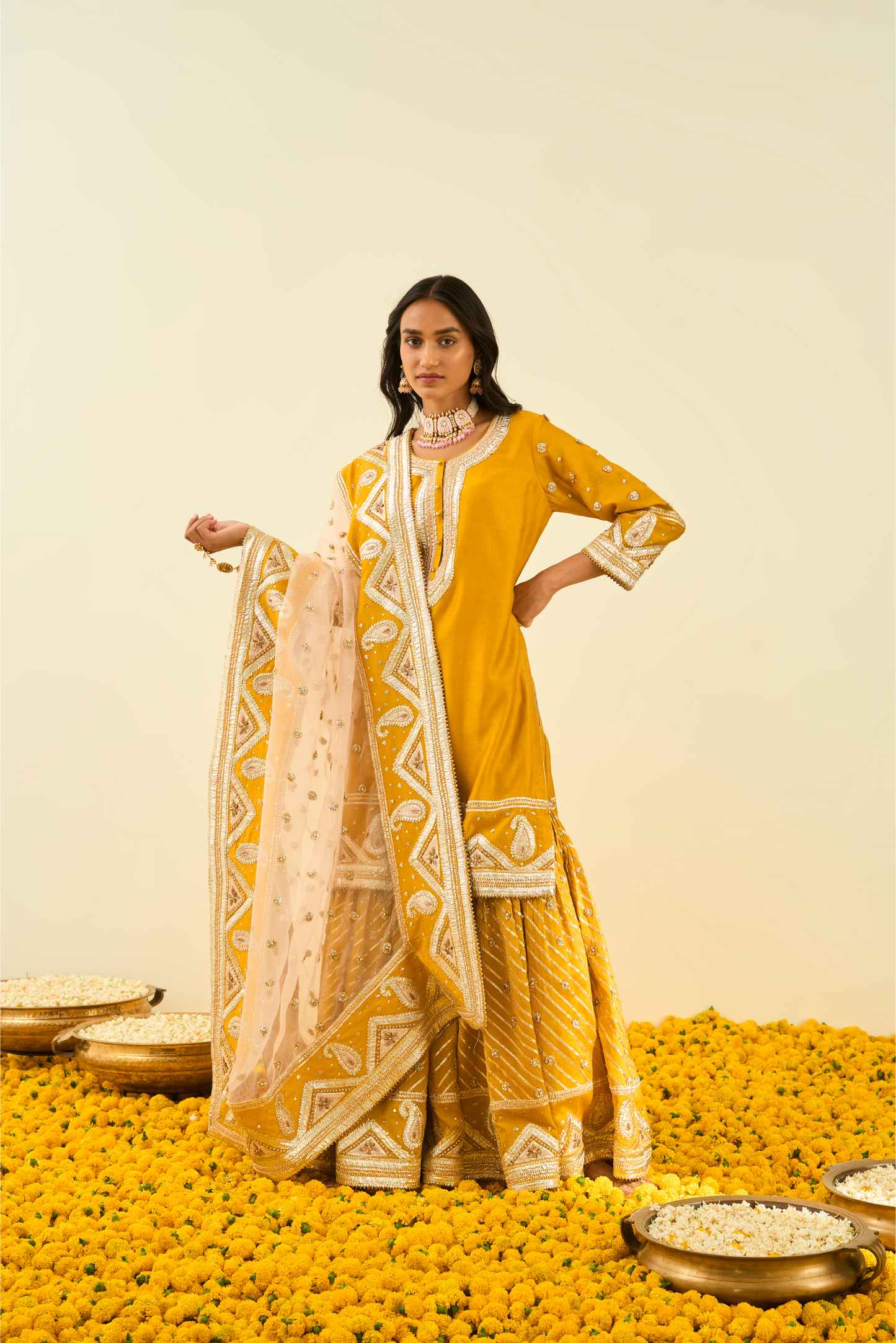 Shafna Kurta with Garara and Dupatta - Glaze Mustard