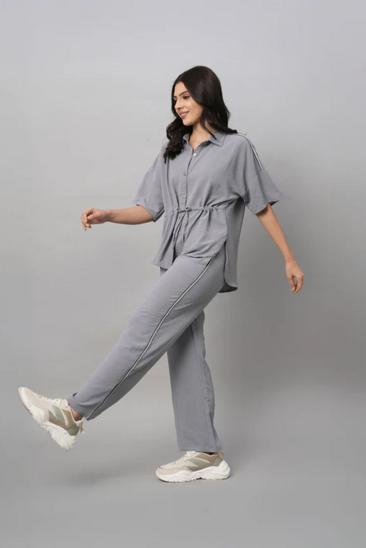 Grey Tie Up Top with Loose Pants Cord Set
