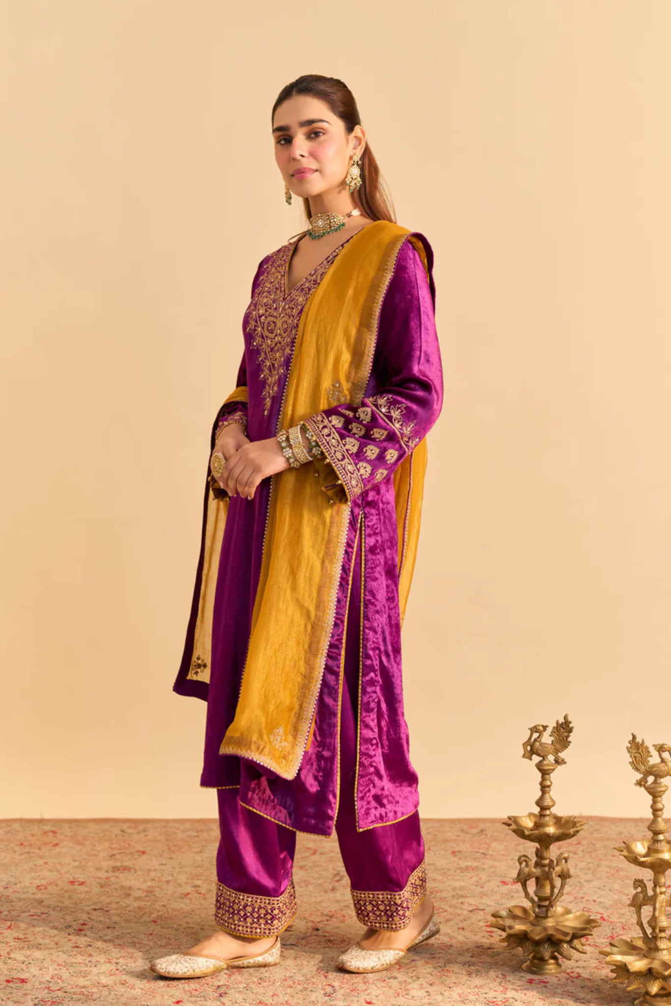 Aynaz - Silk Velvet Deep Purple Kurta With Salwar