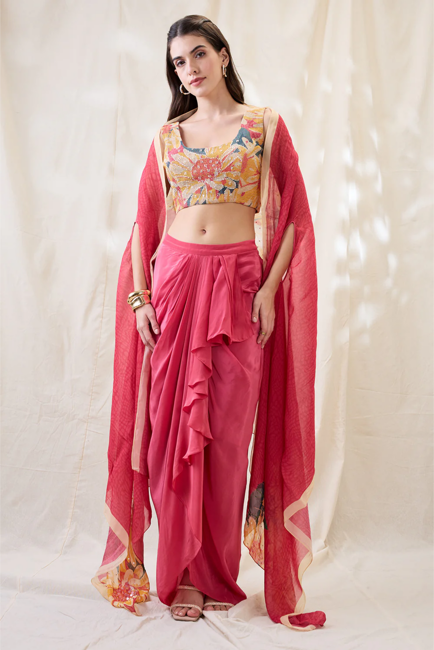 Ravya Drape Skirt Set with Embellished Cape