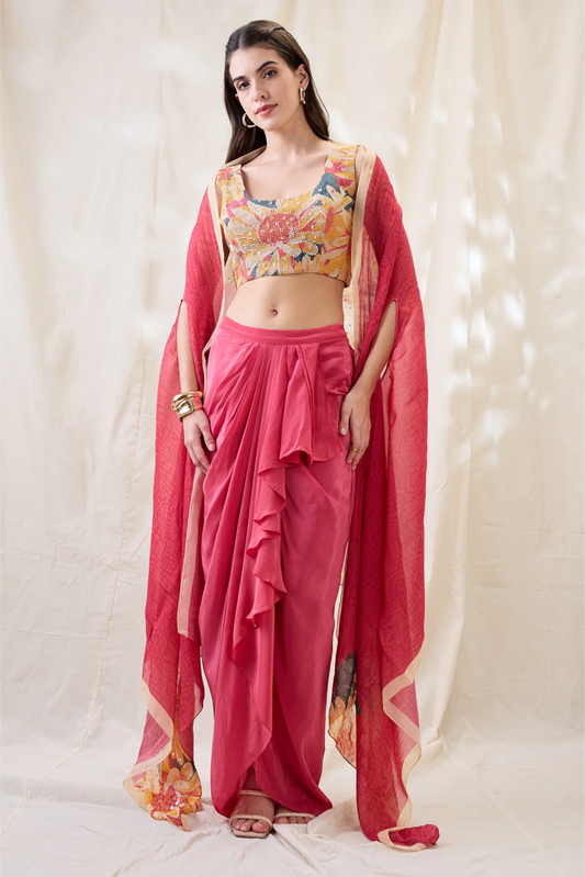 Ravya Drape Skirt Set with Embellished Cape