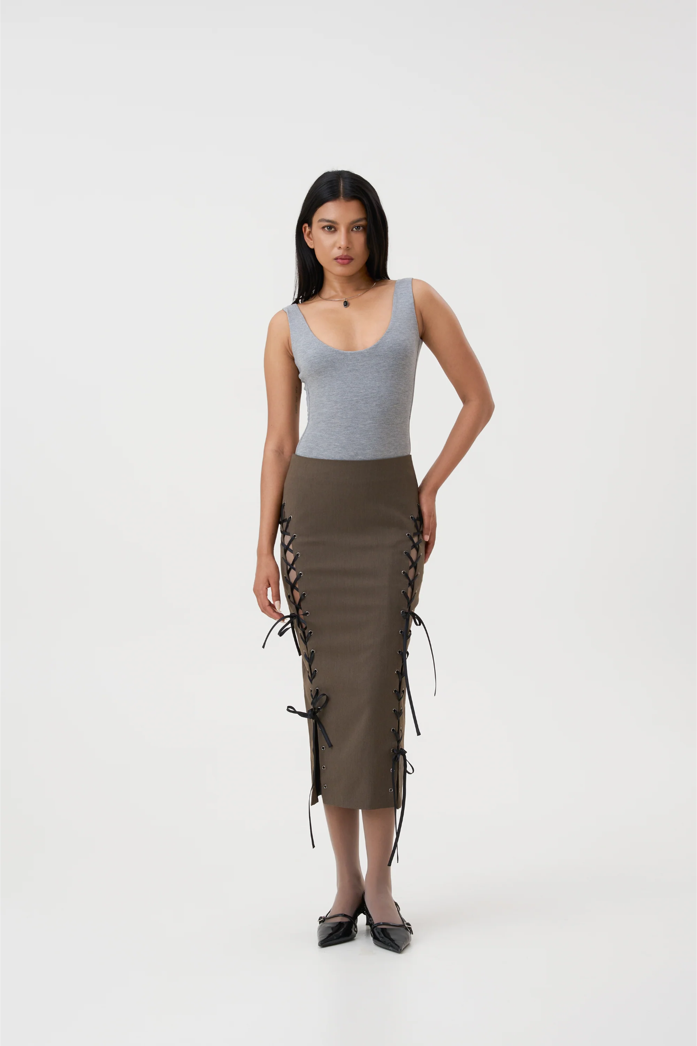 EIRENE EYELET SKIRT - KHAKI BROWN