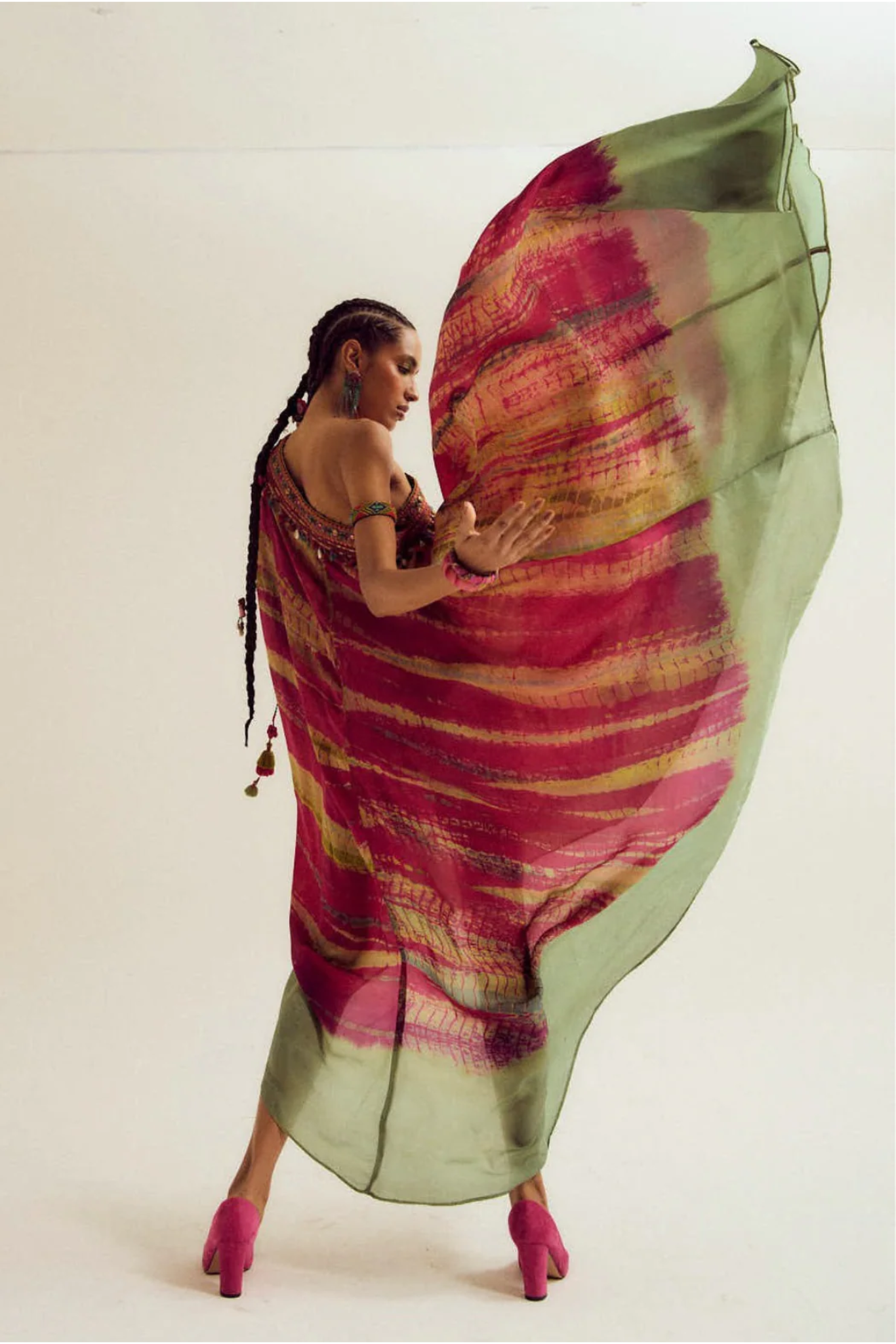 Heather off Shoulder Tie Dye Dress - Fuchsia / Sage