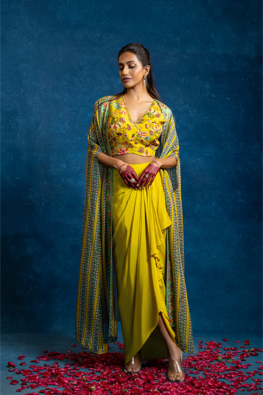 Aarani embellished drape skirt set with long cape