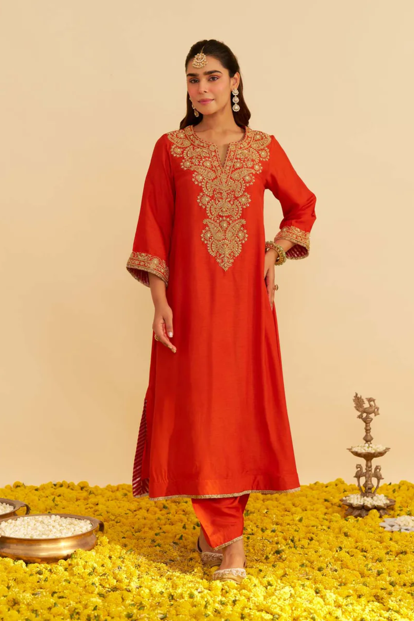 Hiba - Burnt Orange Long Kaftan With Salwar And Dupatta