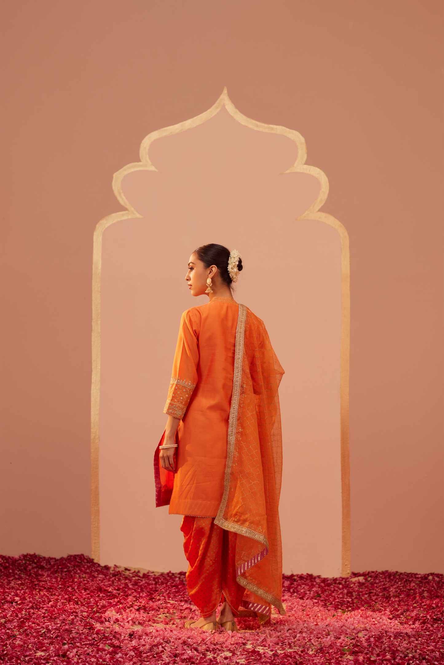 Faheeda Short Kurta with Dhoti Set - Tangerine Orange