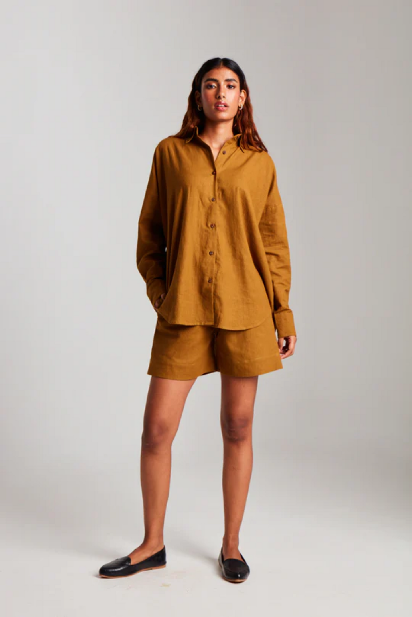 Olive Co-Linen Classic Shirt and Short Set