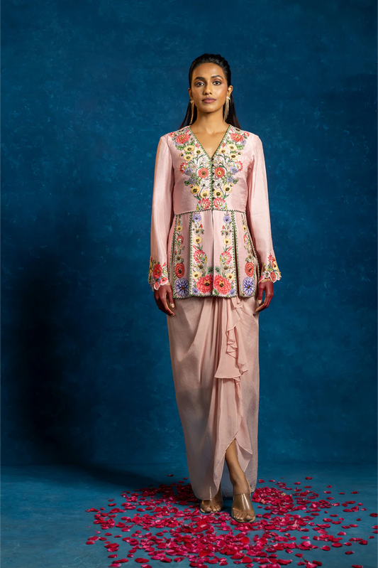 Baghira embellished panelled top with drape skirt