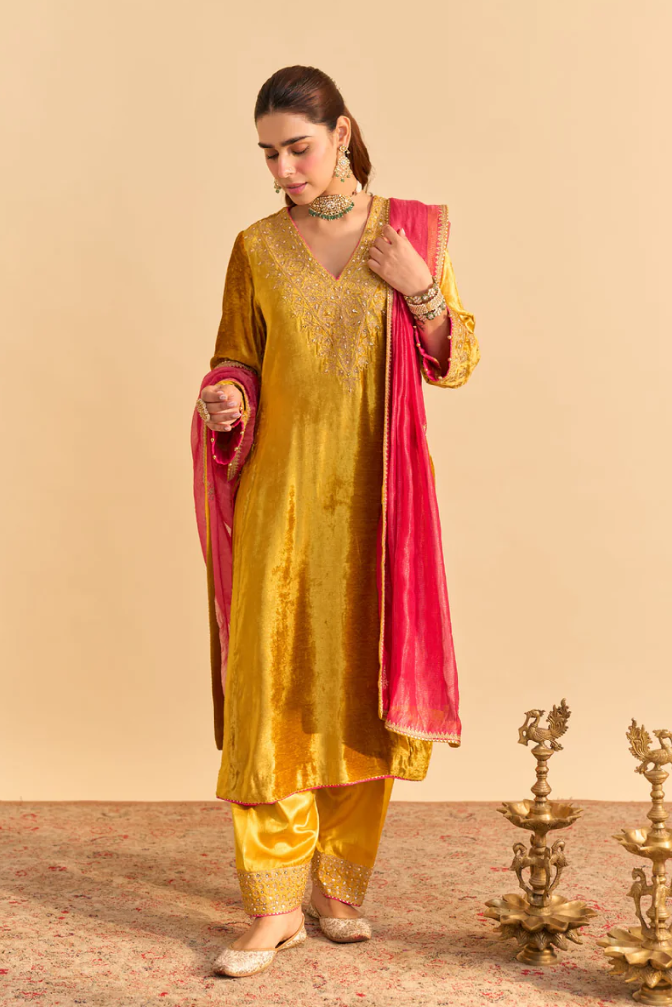 Aynaz - Silk Velvet Mustard Kurta With Salwar