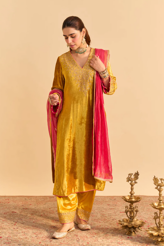 Aynaz - Silk Velvet Mustard Kurta With Salwar and Dupatta