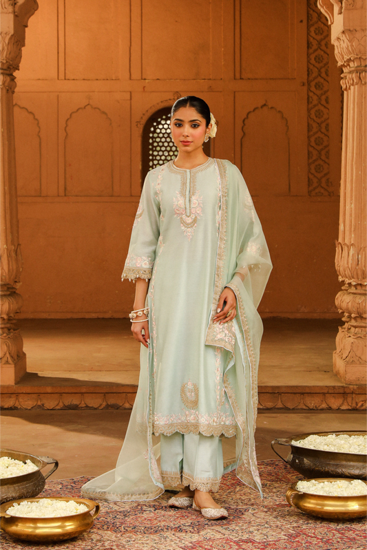 Yasna A-line palazzo suit with dupatta - Misty Green