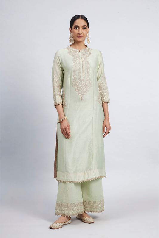 Aadah Princess Cut Long Kurta Set - Mint Green