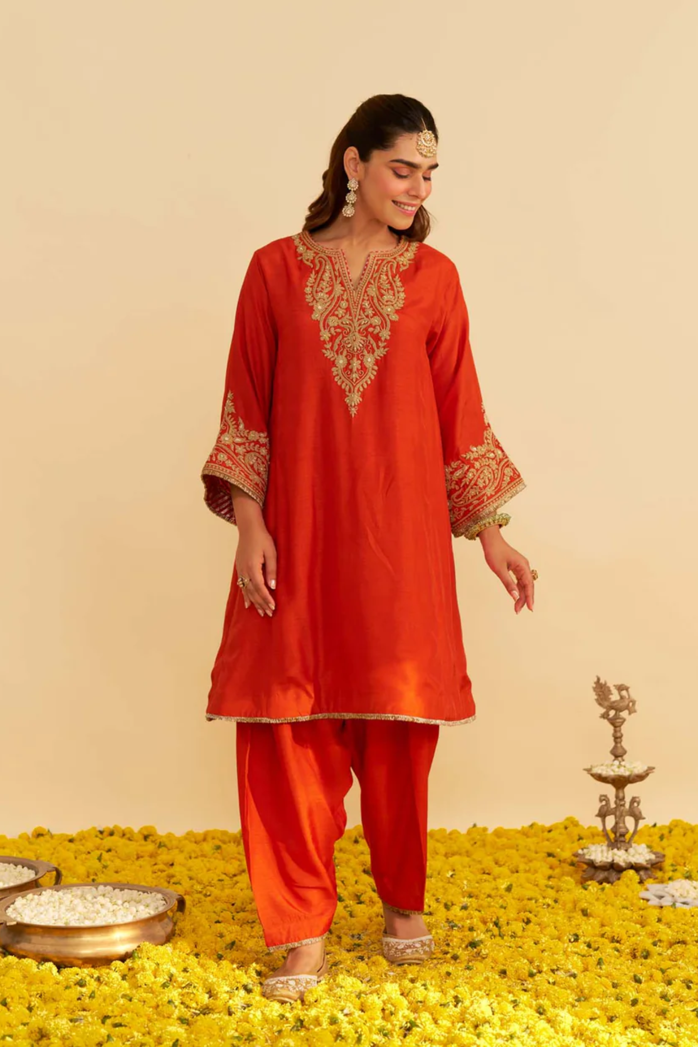 Marwa - Burnt Orange Short Chauga With Salwar and Dupatta