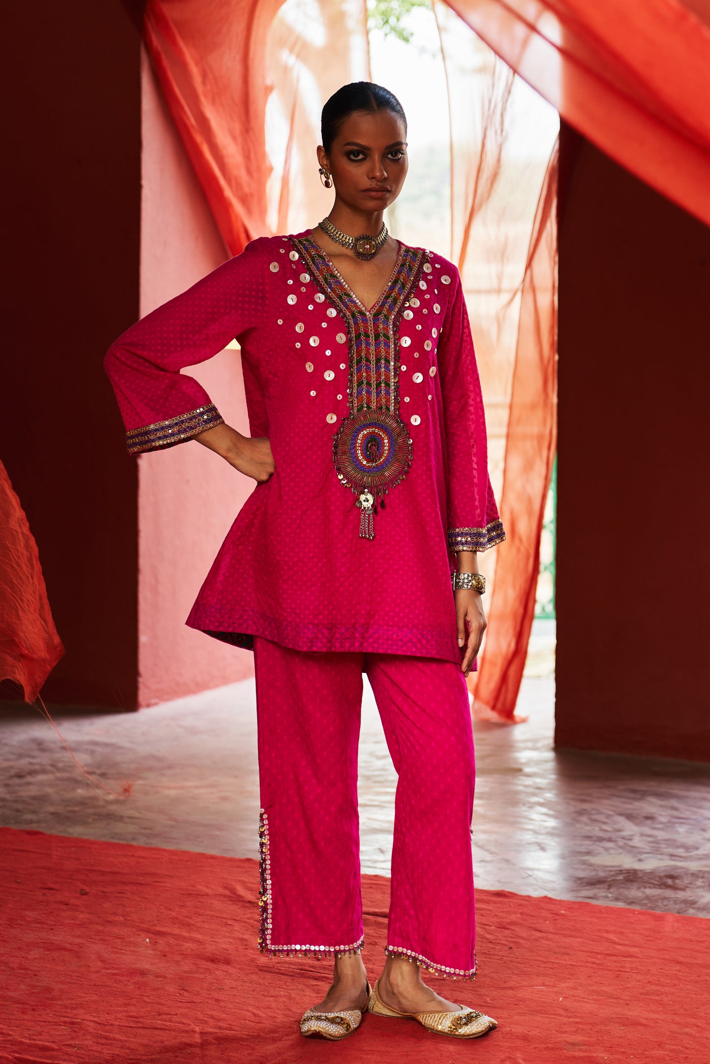 Pink Short Kurta with Slit Pants