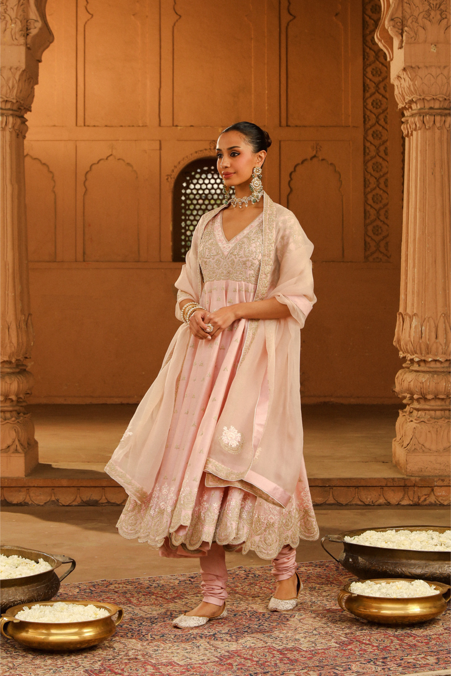 Wasifa Long Anarkali with chooridaar and dupatta - Blush Pink