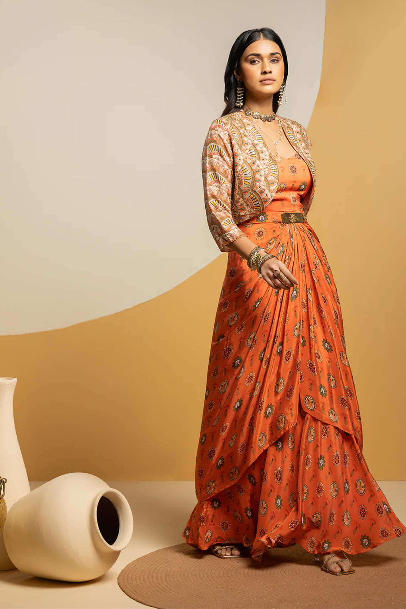 Taarani embellished long drape dress set