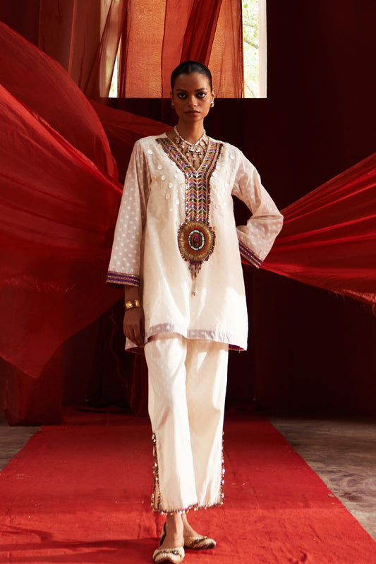 Ivory Short Kurta with Slit Pants