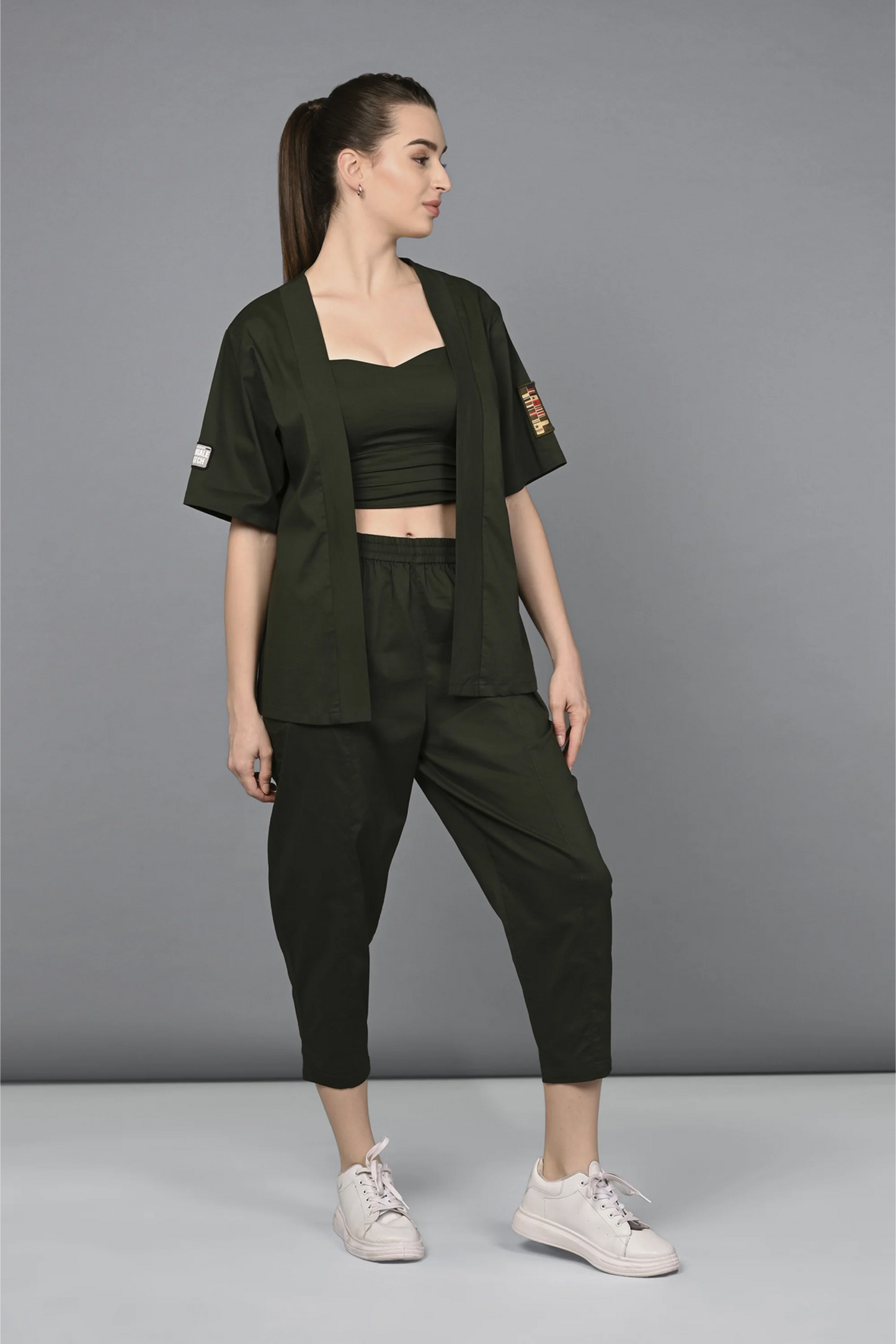 Military Green Open Jacket and Yoga Pants Set