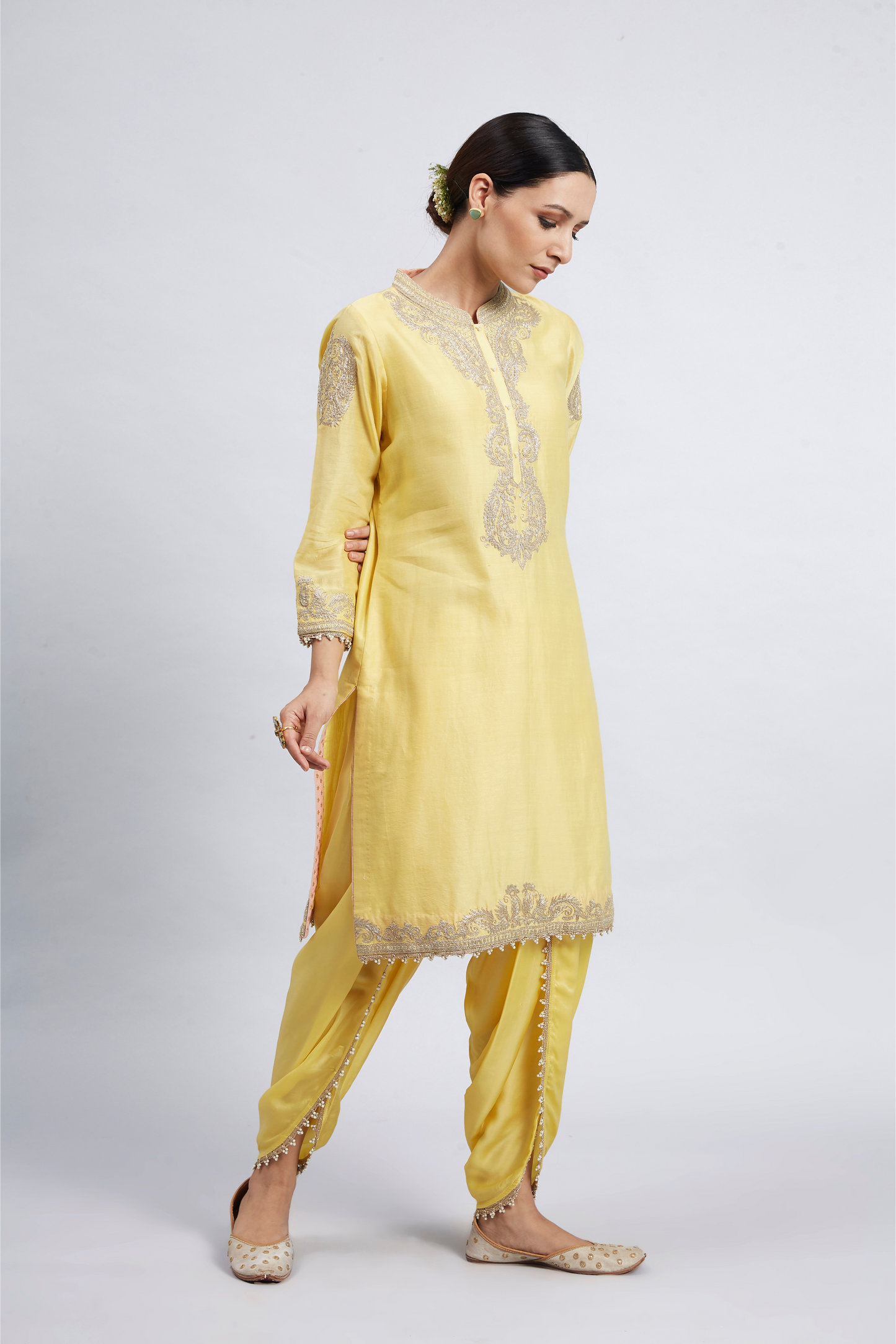 Aabisah Embroidered Kurta with Dhoti - Daffodil Yellow