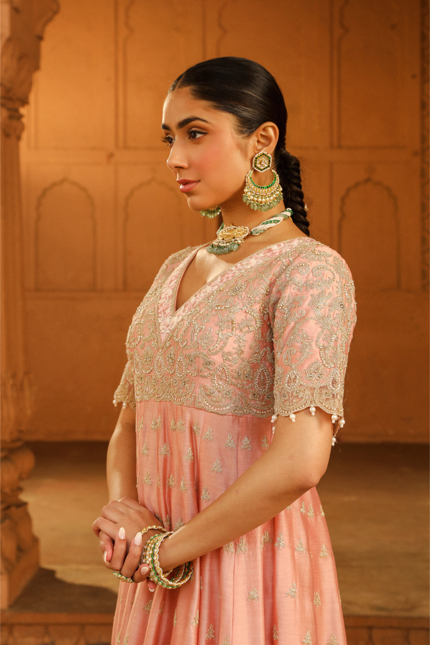 Wasifa Long Anarkali with chooridaar and dupatta - Off Rose