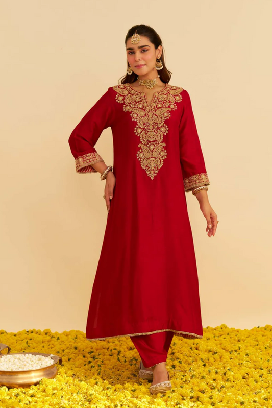 Hiba - Deep Red Long Kaftan With Salwar