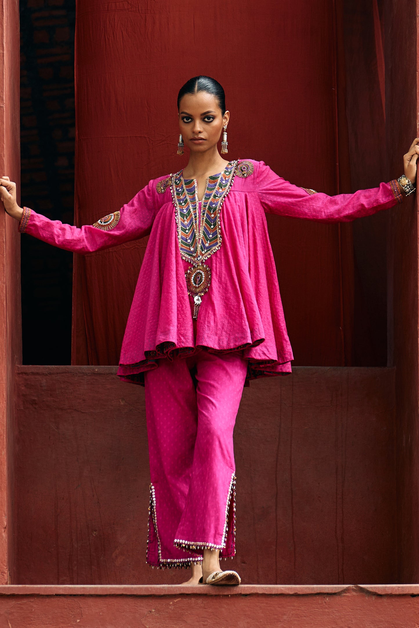 Pink Peplum Top with Slit Pants