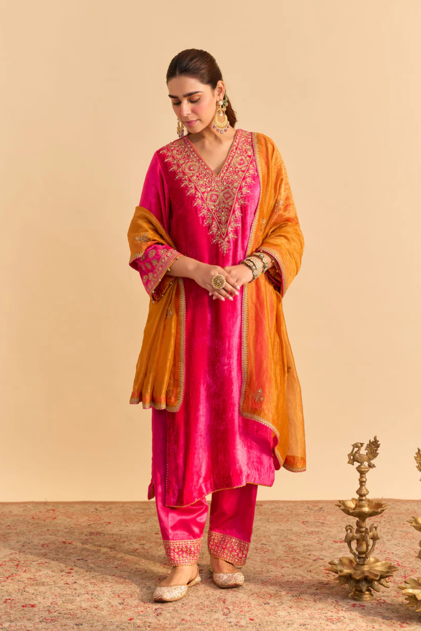 Aynaz - Silk Velvet Hotpink Kurta With Salwar