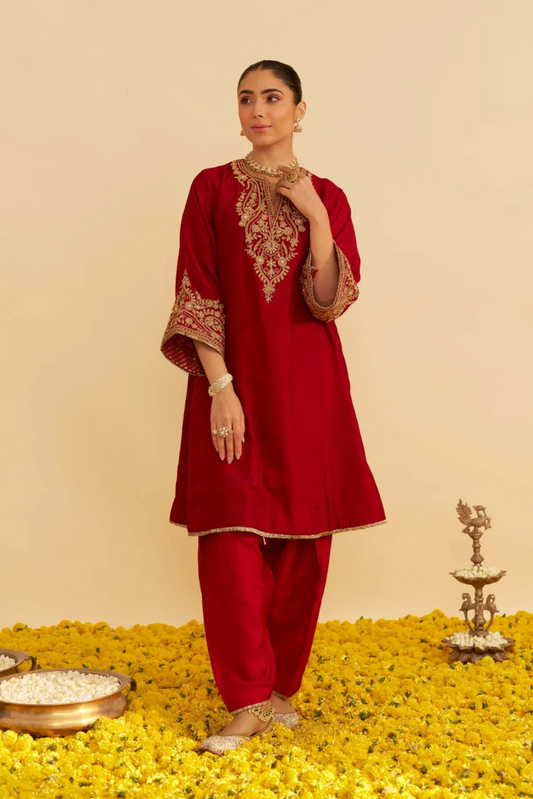 Marwa - Deep Red Short Chauga With Salwar and Dupatta