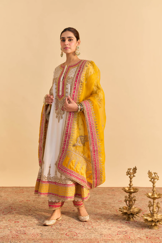 Zoya - Dabka Zardozi Embroidered Rich Banarasi Kalidaar Daisy Ivory Long Chauga Set
