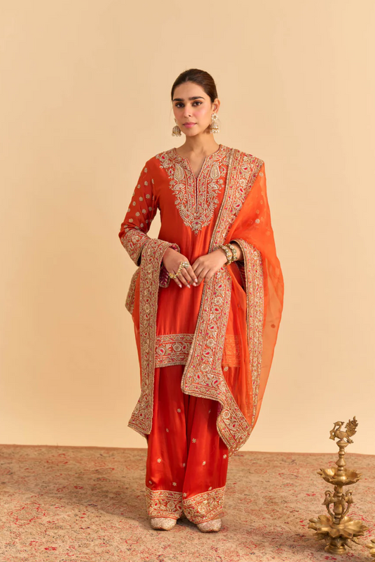 Naseha Burnt orange Dabka Zardozi Embroidered Short kurta Set